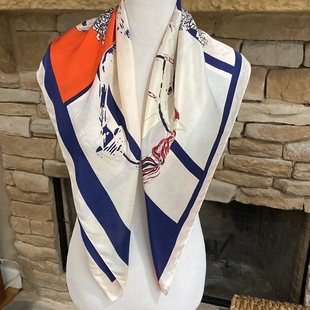 Equestrian Print Scarf Navy Blue Red Cream 33
